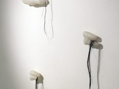 Marta Strambi, Alguns, 2007, silicone e cabelo sintético, 110 x 120 x 7 cm.